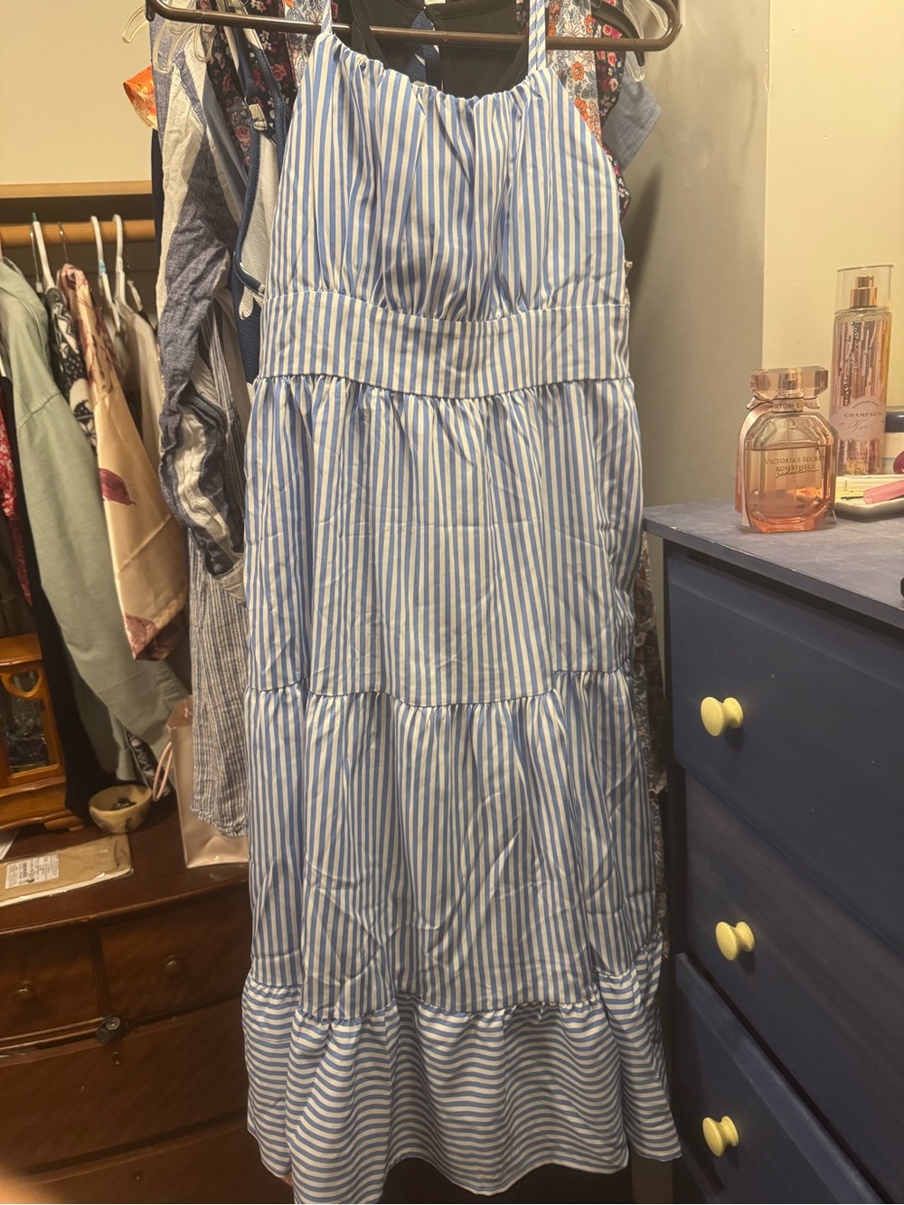 SHEIN Blue and White Striped Tiered Midi Sundress
